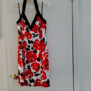 David Meister size 6R red cream black halter knee length dress